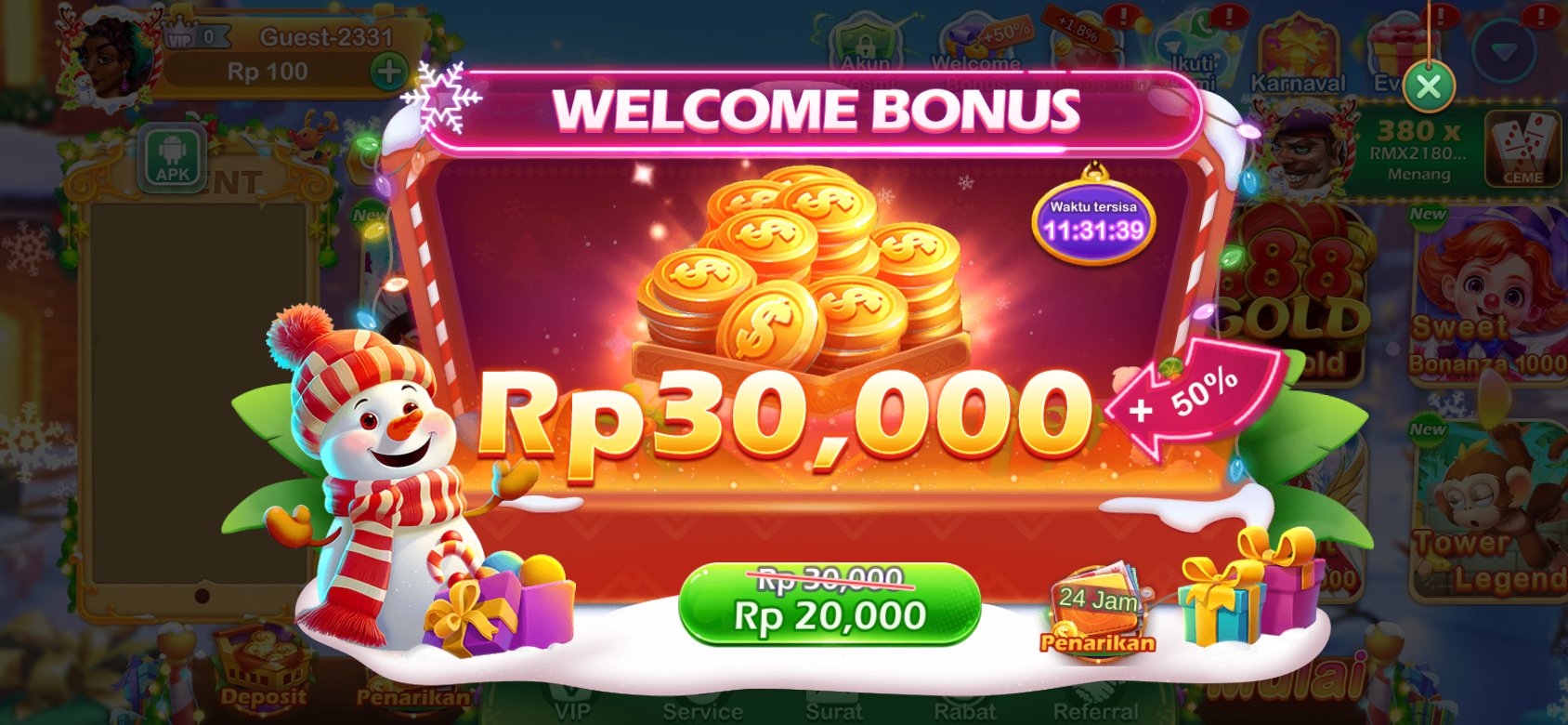 Bonus selamat datang K3K3 Apk 15 B 149 dengan diskon spesial untuk pengguna baru.